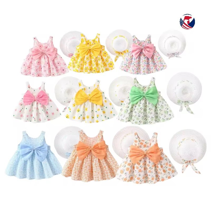Toddler Baby Girl Fashion Clothing Floral Lemon Polka Dot Print Beach Dress Straw Hat Little Kids Clothes 2 Piece Set