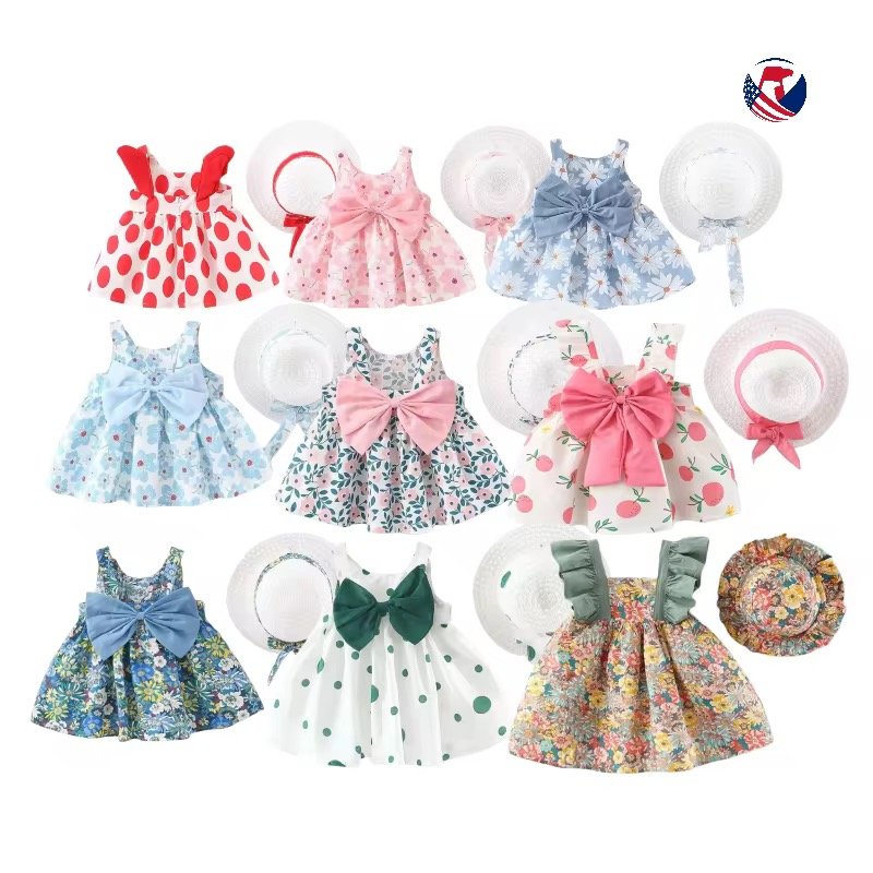 Toddler Baby Girl Fashion Clothing Floral Lemon Polka Dot Print Beach Dress Straw Hat Little Kids Clothes 2 Piece Set