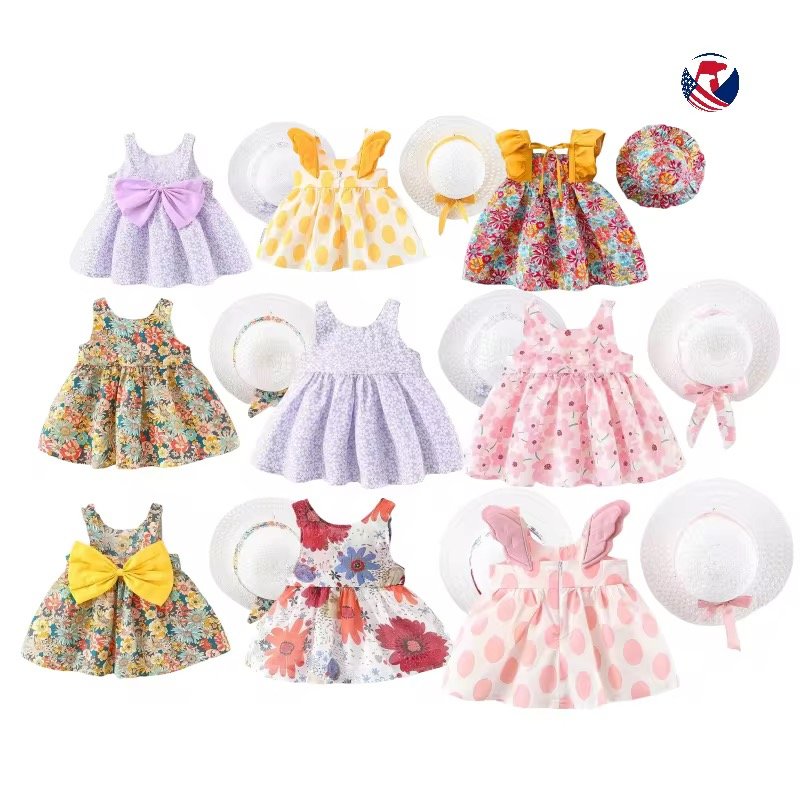 Toddler Baby Girl Fashion Clothing Floral Lemon Polka Dot Print Beach Dress Straw Hat Little Kids Clothes 2 Piece Set