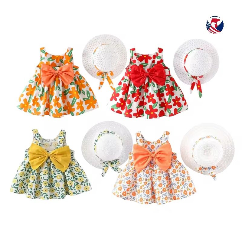 Toddler Baby Girl Fashion Clothing Floral Lemon Polka Dot Print Beach Dress Straw Hat Little Kids Clothes 2 Piece Set