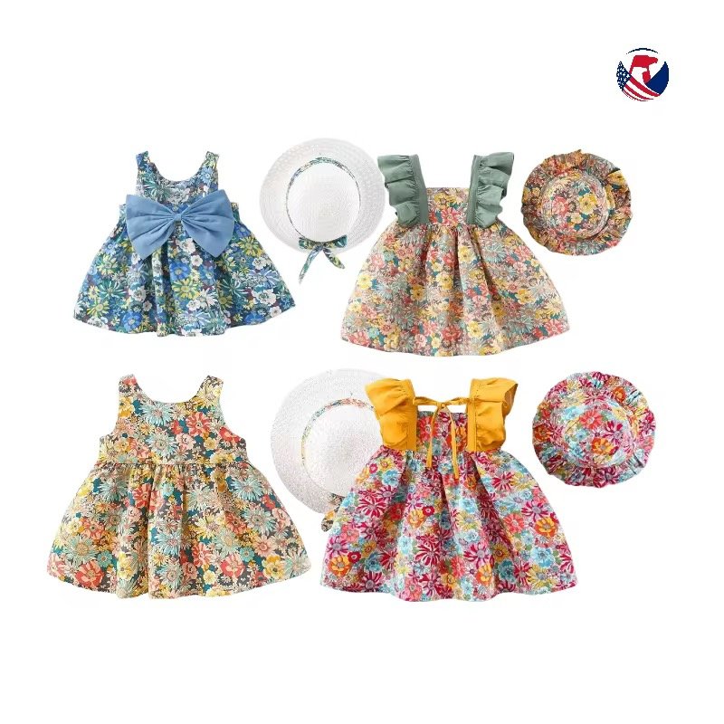 Toddler Baby Girl Fashion Clothing Floral Lemon Polka Dot Print Beach Dress Straw Hat Little Kids Clothes 2 Piece Set