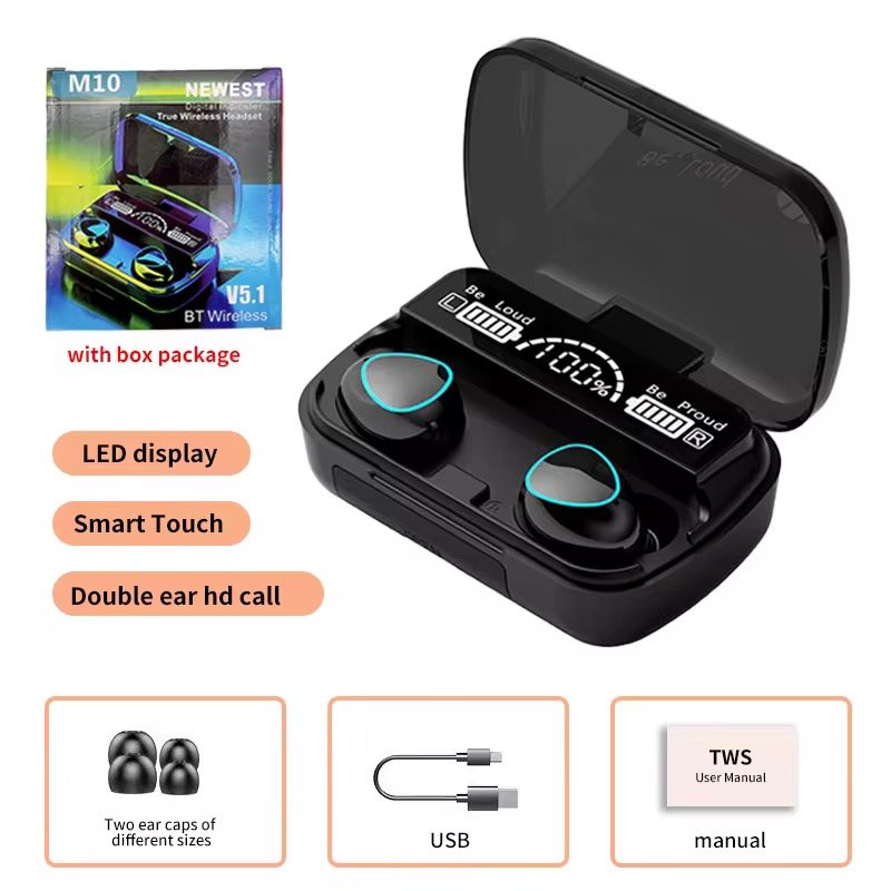 Earphone M10 Tws 100 Pack TWS Earbuds True Wireless Stereo BT 5.3 Headphones LED Screen Earphones Noise Cancellation Headphone