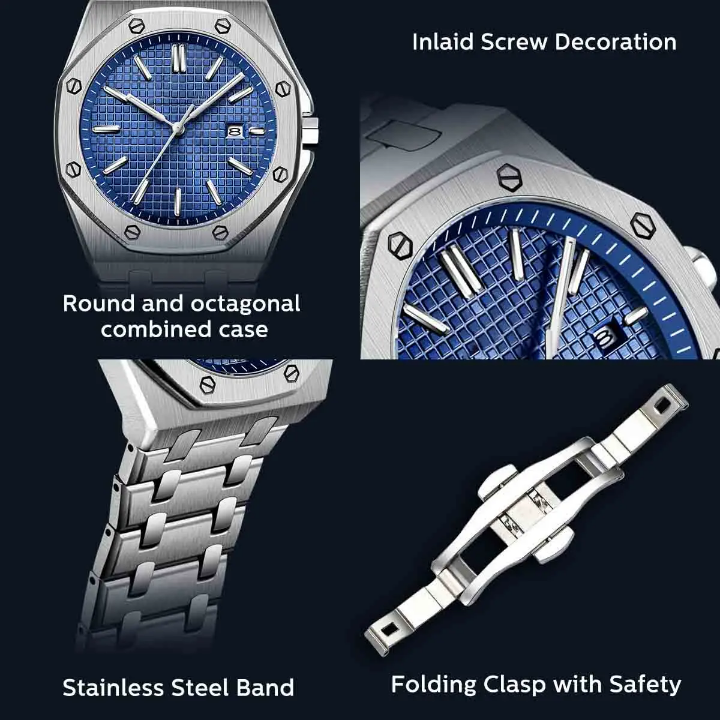 Quartz Luxury Fashion watch stainless Strap with Dial pointer display 3 bar water resistant