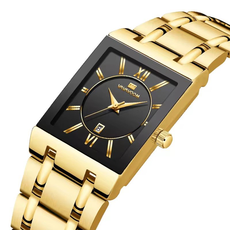 Business Classic Watch Simple Design Luxury Fashion Rectangular Black Gold Stainless Steel Calendar Waterproof Quartz Men's Watches