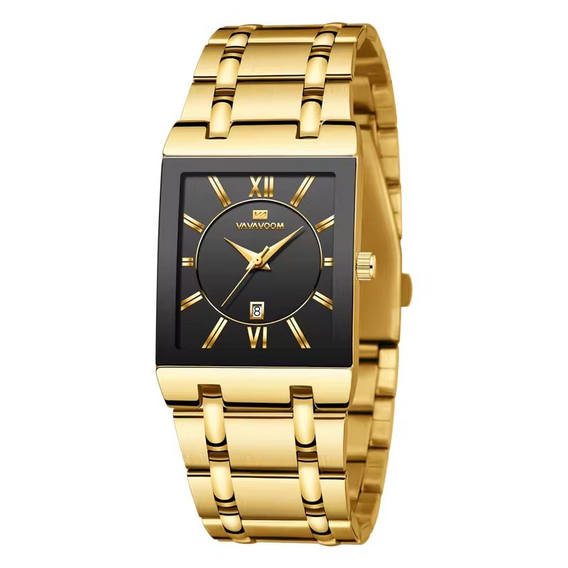Business Classic Watch Simple Design Luxury Fashion Rectangular Black Gold Stainless Steel Calendar Waterproof Quartz Men's Watches
