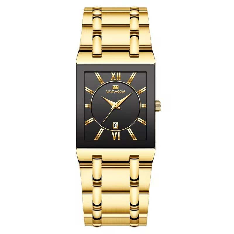 Business Classic Watch Simple Design Luxury Fashion Rectangular Black Gold Stainless Steel Calendar Waterproof Quartz Men's Watches