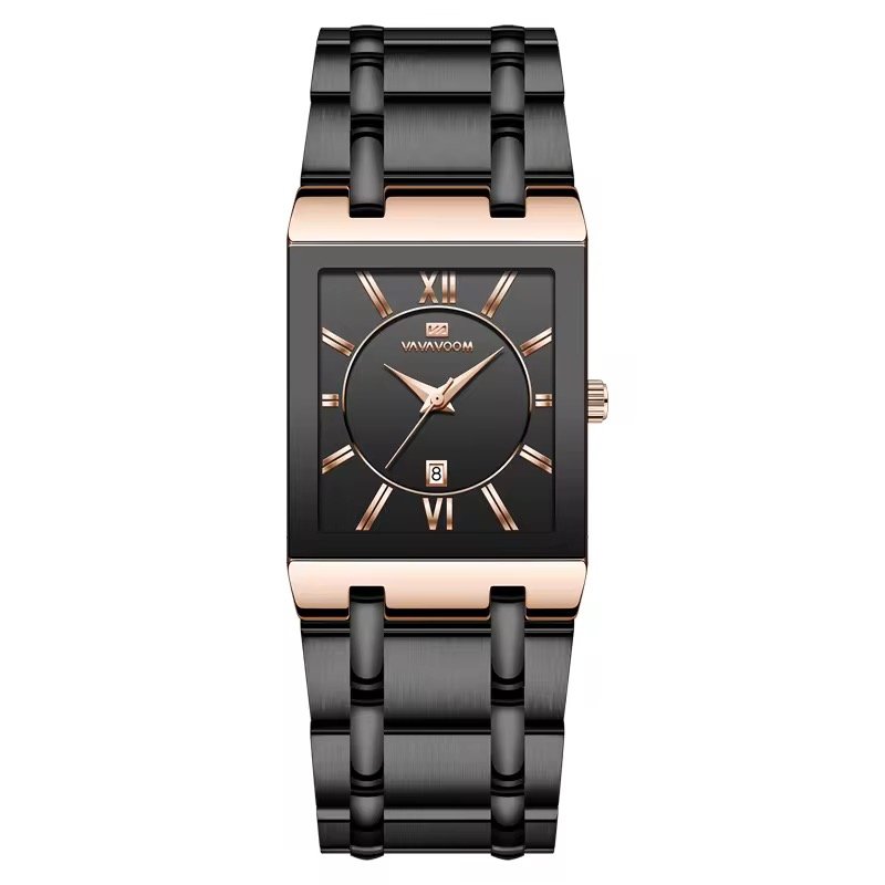 Business Classic Watch Simple Design Luxury Fashion Rectangular Black Gold Stainless Steel Calendar Waterproof Quartz Men's Watches