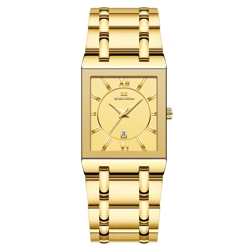 Business Classic Watch Simple Design Luxury Fashion Rectangular Black Gold Stainless Steel Calendar Waterproof Quartz Men's Watches