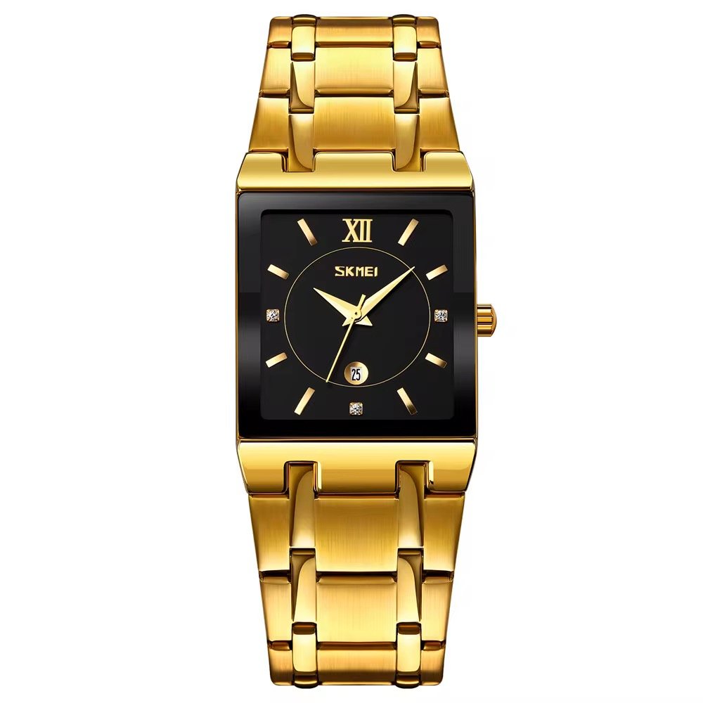Business Classic Watch Simple Design Luxury Fashion Rectangular Black Gold Stainless Steel Calendar Waterproof Quartz Men's Watches