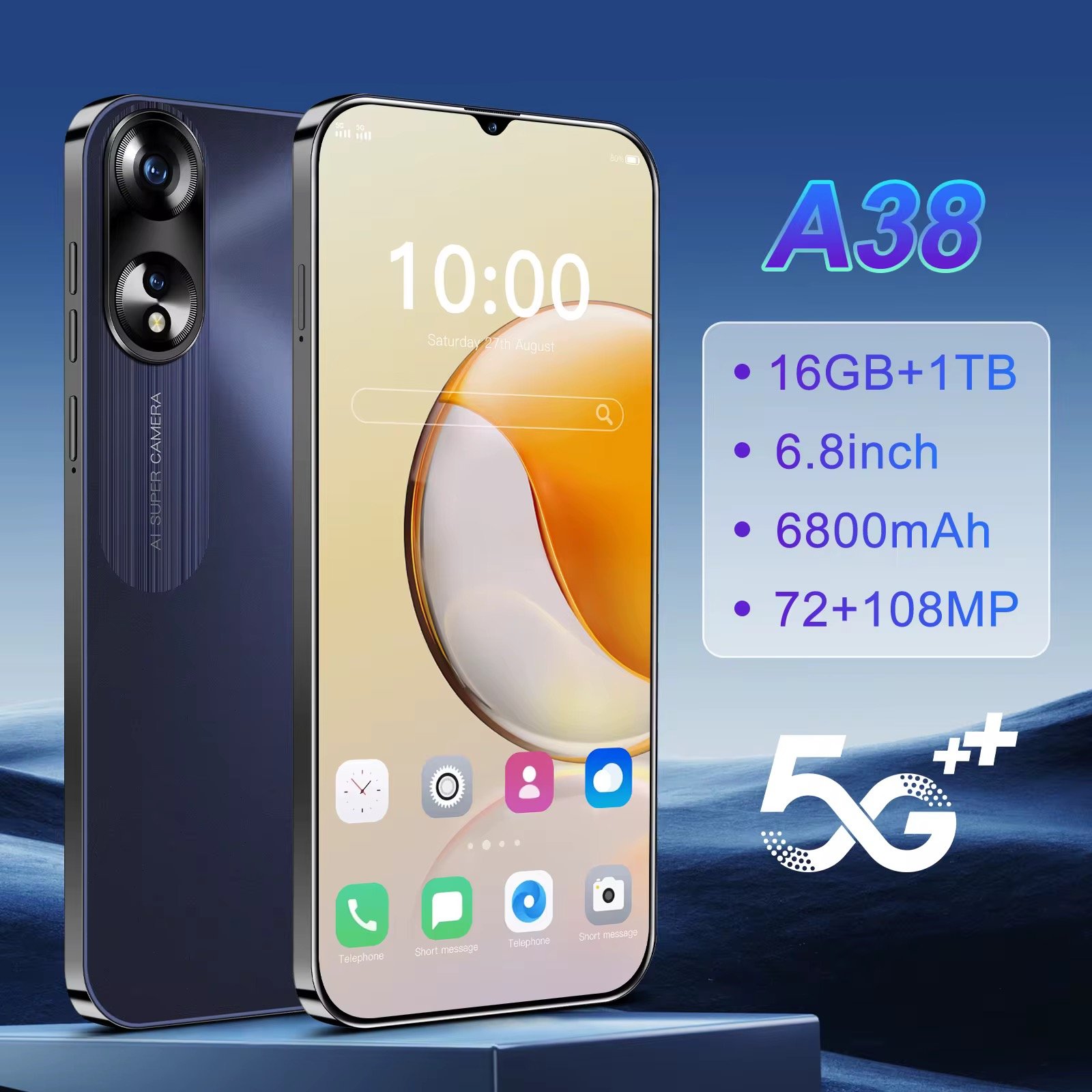 2024 Latest Models A38 16gb 1tb 6.8-inch Low Price Smartphone Android 13 Cheap Smart Phone Ready to Ship 5g Smartphone