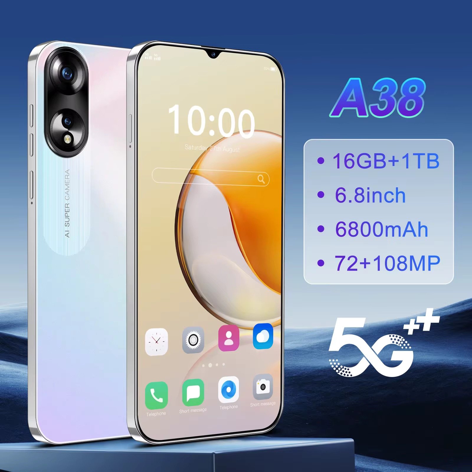 2024 Latest Models A38 16gb 1tb 6.8-inch Low Price Smartphone Android 13 Cheap Smart Phone Ready to Ship 5g Smartphone