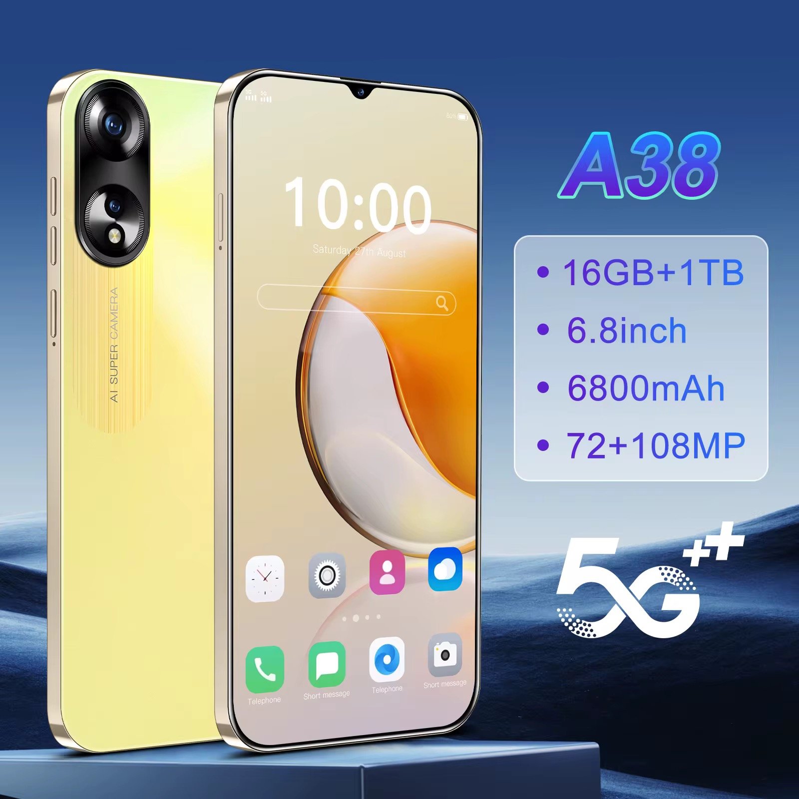 2024 Latest Models A38 16gb 1tb 6.8-inch Low Price Smartphone Android 13 Cheap Smart Phone Ready to Ship 5g Smartphone