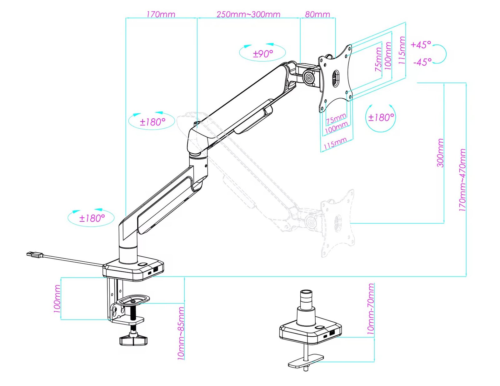 17-45inch Gaming RGB Single Monitor Arm Stand Mount Vertical Stack Ultrawide LED Monitor Arm With Cable Computer Accessories