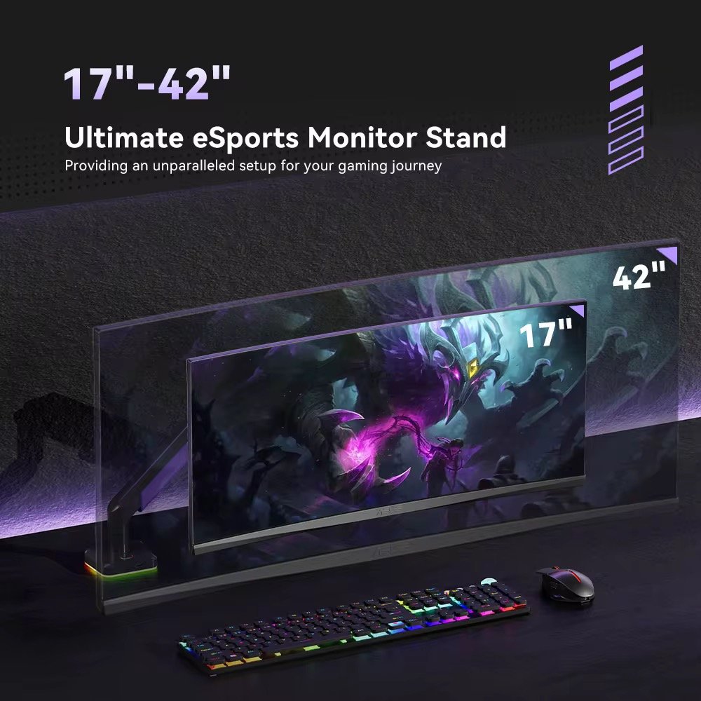 17-45inch Gaming RGB Single Monitor Arm Stand Mount Vertical Stack Ultrawide LED Monitor Arm With Cable Computer Accessories