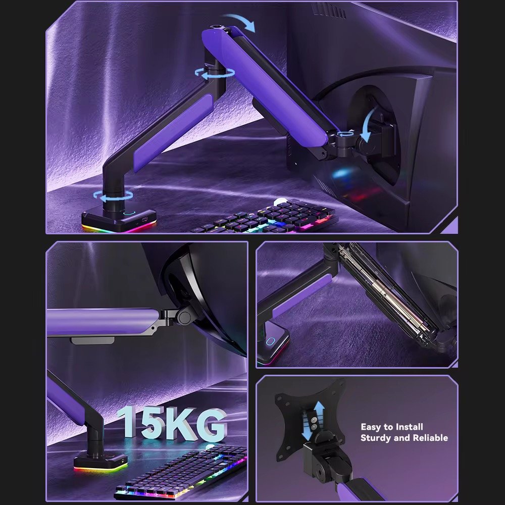 17-45inch Gaming RGB Single Monitor Arm Stand Mount Vertical Stack Ultrawide LED Monitor Arm With Cable Computer Accessories