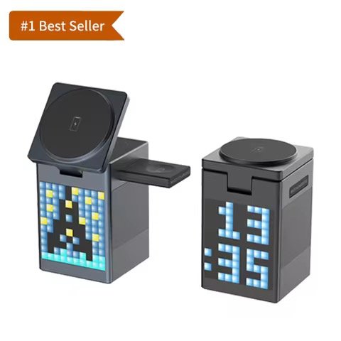 2025 Trending Product 6-in-1 Pixel Animation BT Speaker Alarm Clock Multifunctional Magnetic Phone Wireless Charger Stand
