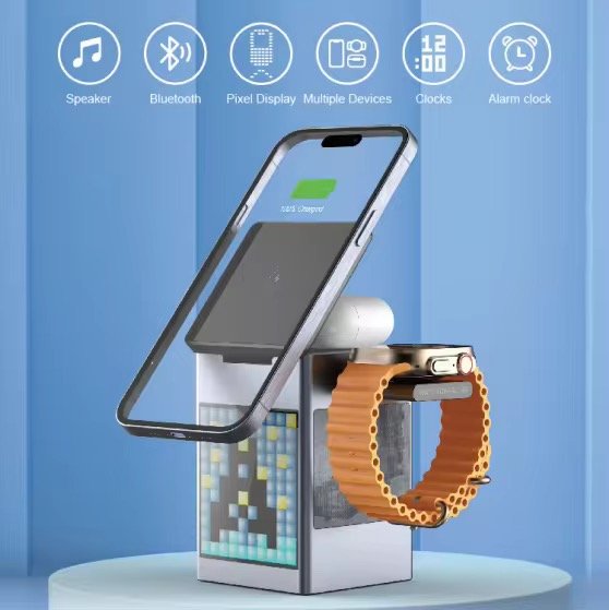 2025 Trending Product 6-in-1 Pixel Animation BT Speaker Alarm Clock Multifunctional Magnetic Phone Wireless Charger Stand