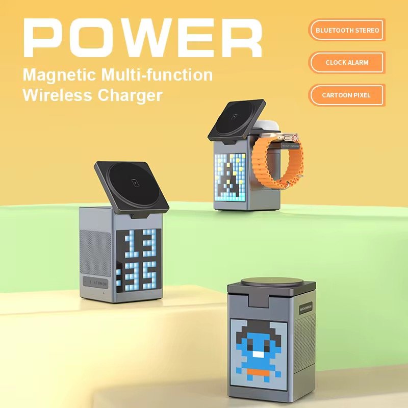 2025 Trending Product 6-in-1 Pixel Animation BT Speaker Alarm Clock Multifunctional Magnetic Phone Wireless Charger Stand