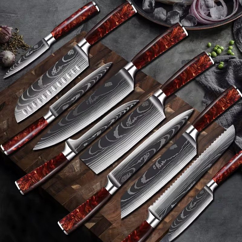 10pcs Damascus Kitchen Chef Knife Set 4Cr13 Stainless Steel With Red Resin Handle Laser Pattern For → Cooking Factory Wholesale