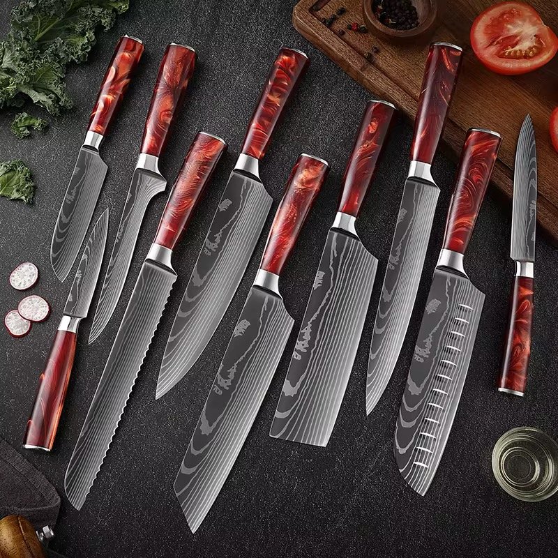 10pcs Damascus Kitchen Chef Knife Set 4Cr13 Stainless Steel With Red Resin Handle Laser Pattern For → Cooking Factory Wholesale