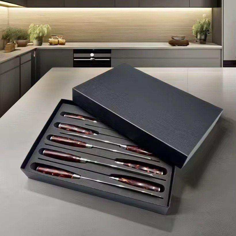 10pcs Damascus Kitchen Chef Knife Set 4Cr13 Stainless Steel With Red Resin Handle Laser Pattern For → Cooking Factory Wholesale