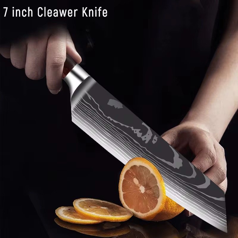 10pcs Damascus Kitchen Chef Knife Set 4Cr13 Stainless Steel With Red Resin Handle Laser Pattern For → Cooking Factory Wholesale