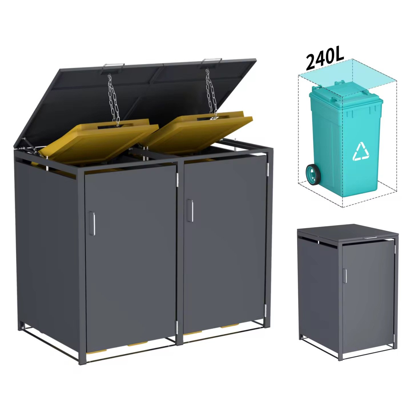 Triple Outdoor Bin Cabinets Galvanised Steel Wheelie Bin Box Weatherproof Trash Bin Storage Outdoor Garbage Can Shed For Garden