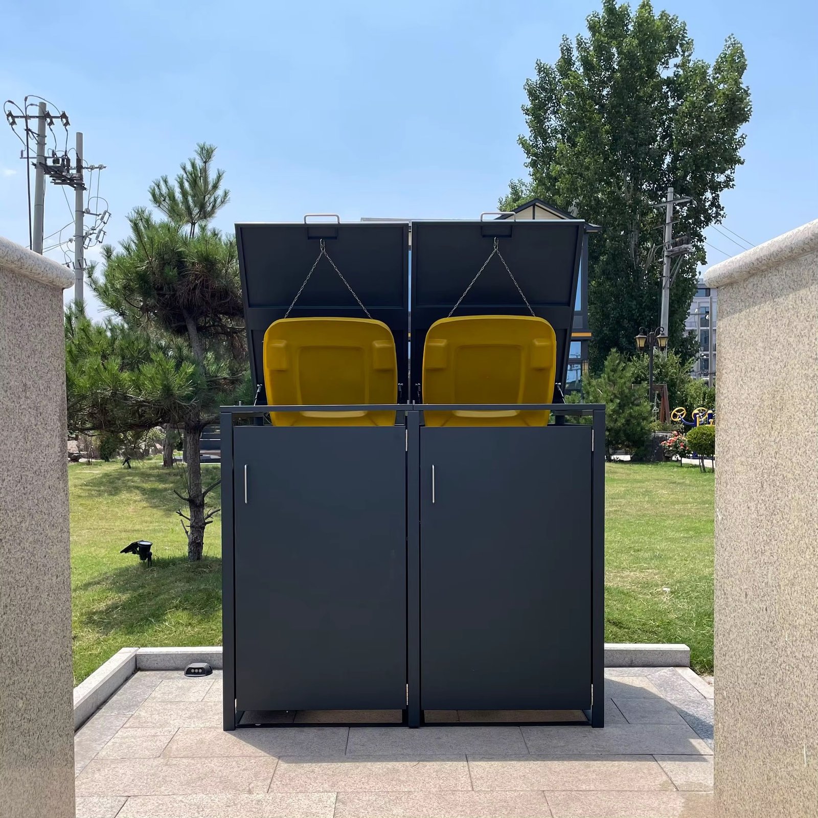 Triple Outdoor Bin Cabinets Galvanised Steel Wheelie Bin Box Weatherproof Trash Bin Storage Outdoor Garbage Can Shed For Garden