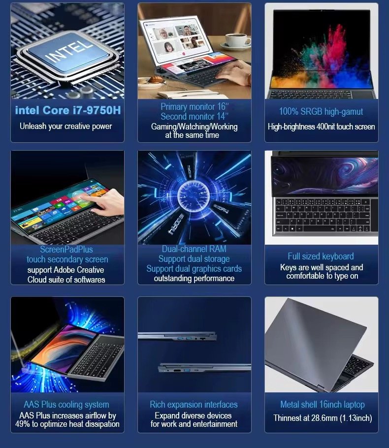 16 Inch 14 Inch Touch 2 Dual Screen Double Monitor 64GB 1TB 2TB SSD Intel Core 17 9th Gen 17-9750H Office Business Laptop