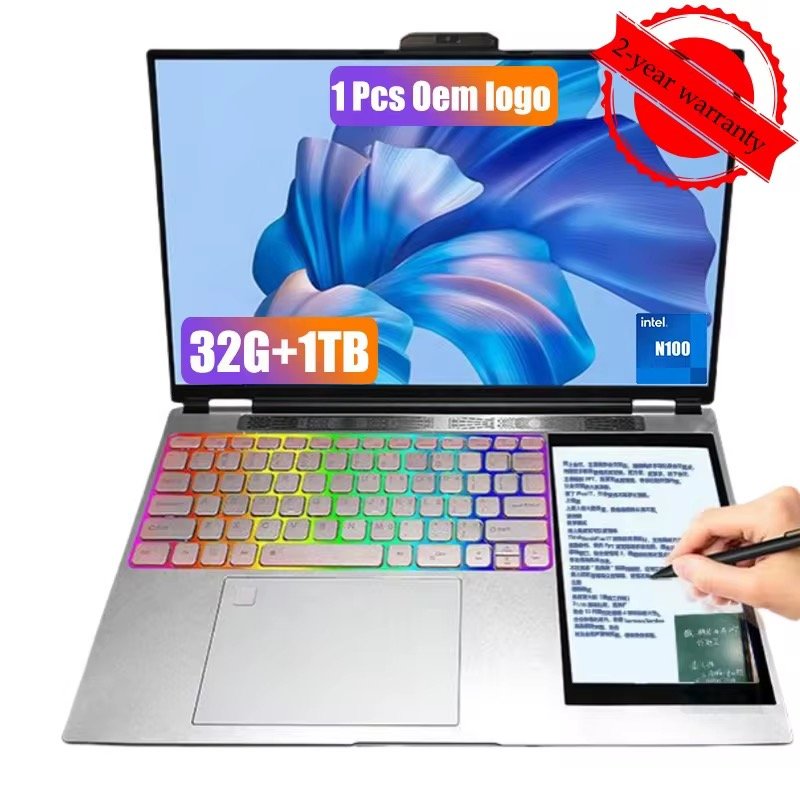 2025 White Label Wholesale 15.6 Inch Double Monitor Intel N100 RGB Dual Screen 16GB 32GB RAM 500GB Touch Office Business Laptop