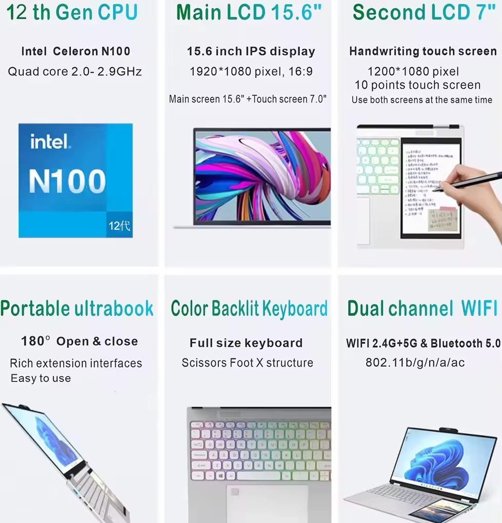 2025 White Label Wholesale 15.6 Inch Double Monitor Intel N100 RGB Dual Screen 16GB 32GB RAM 500GB Touch Office Business Laptop