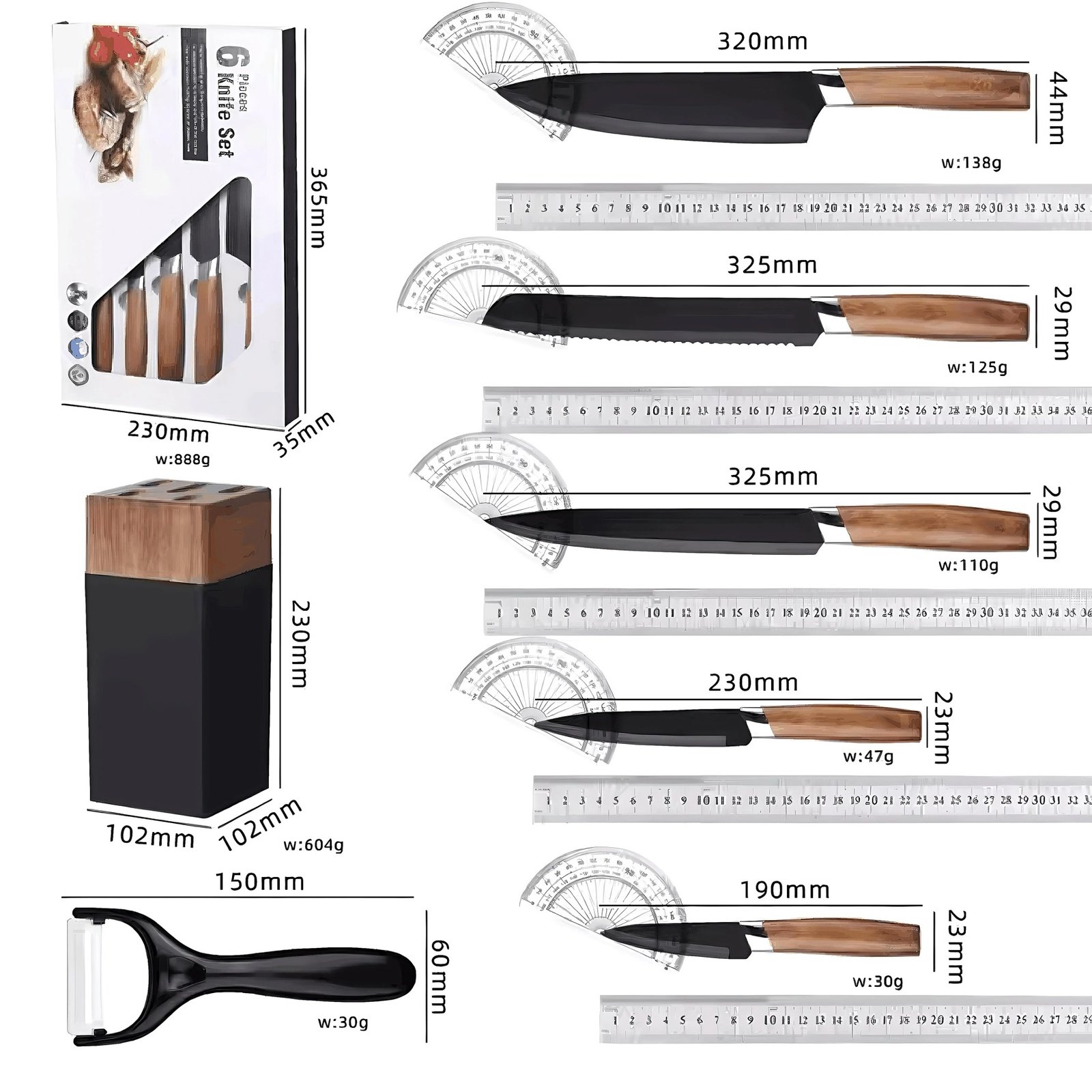 7-Piece Stainless Steel Kitchen Knife Set Sharp Custom Chef Knife Slicing Bread Utility Paring Knives Block Metal Material