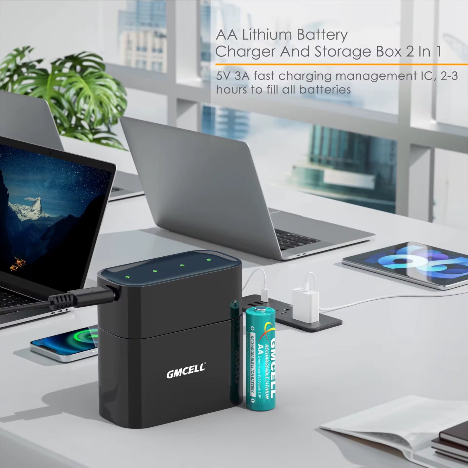 5V 3A 4 Pack AA AAA Lithium Battery Smart Charger For AA Rechargeable Lithium Battery Charging & Storage