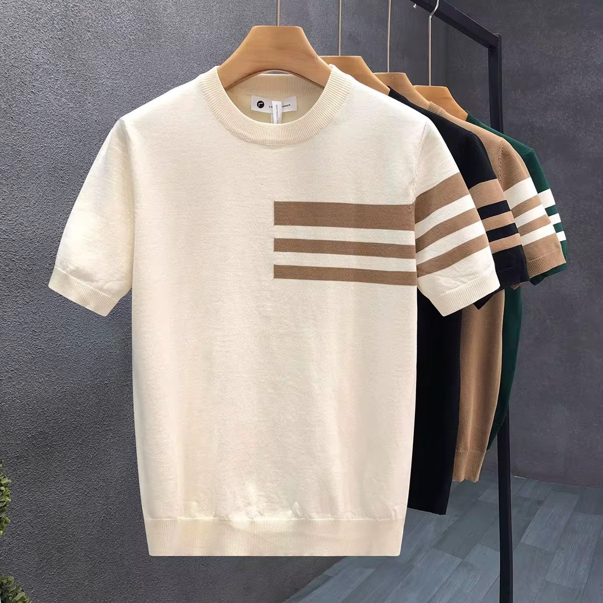 Summer New Striped Business Style Light Mature Slim Design Short-Sleeved Men's Ice Silk T-Shirt