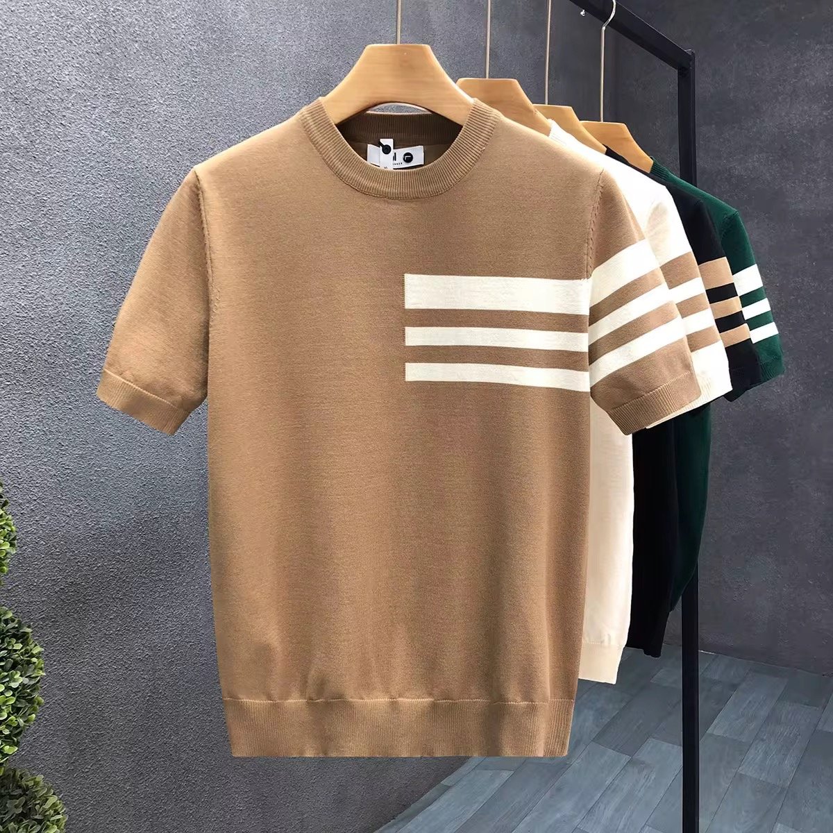 Summer New Striped Business Style Light Mature Slim Design Short-Sleeved Men's Ice Silk T-Shirt