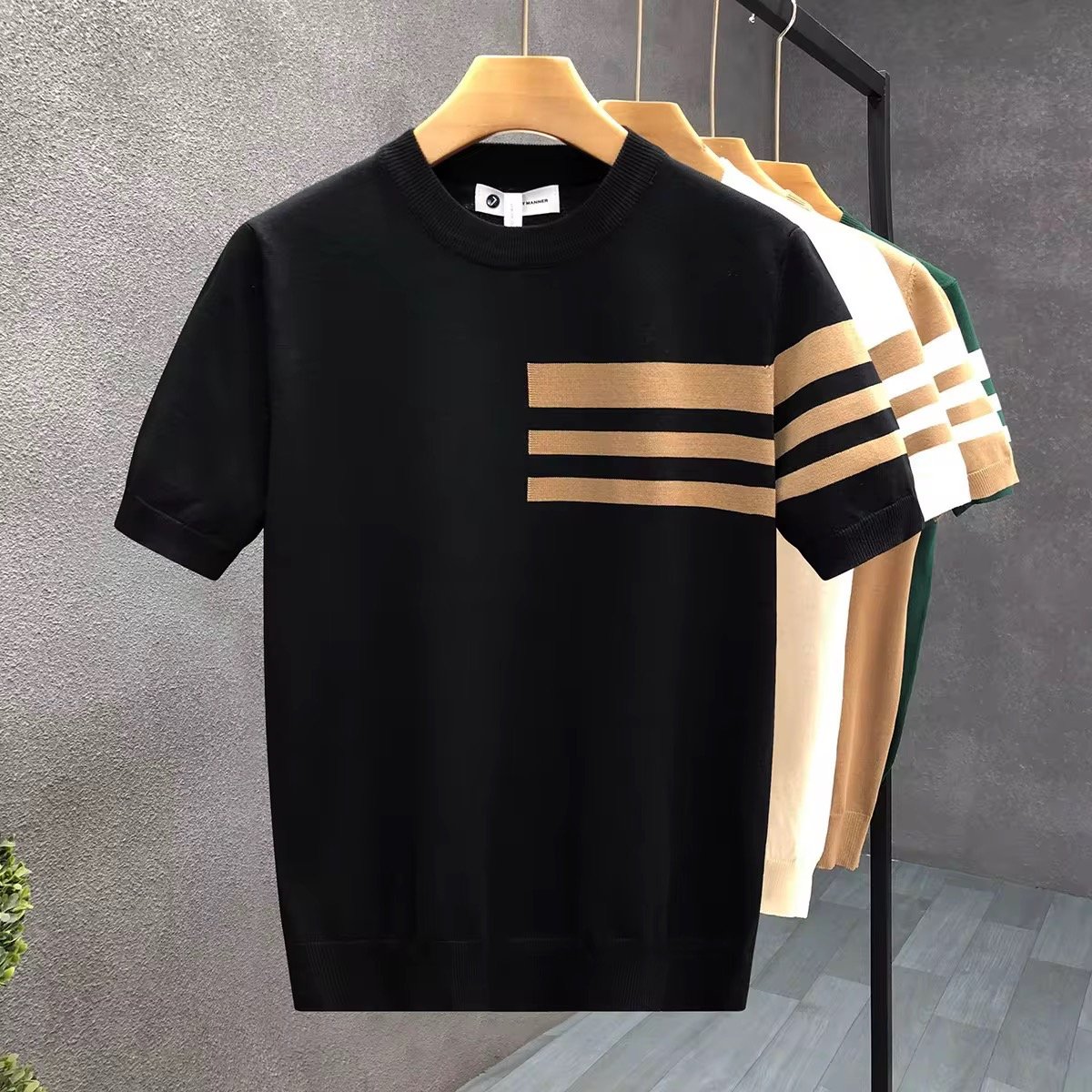 Summer New Striped Business Style Light Mature Slim Design Short-Sleeved Men's Ice Silk T-Shirt