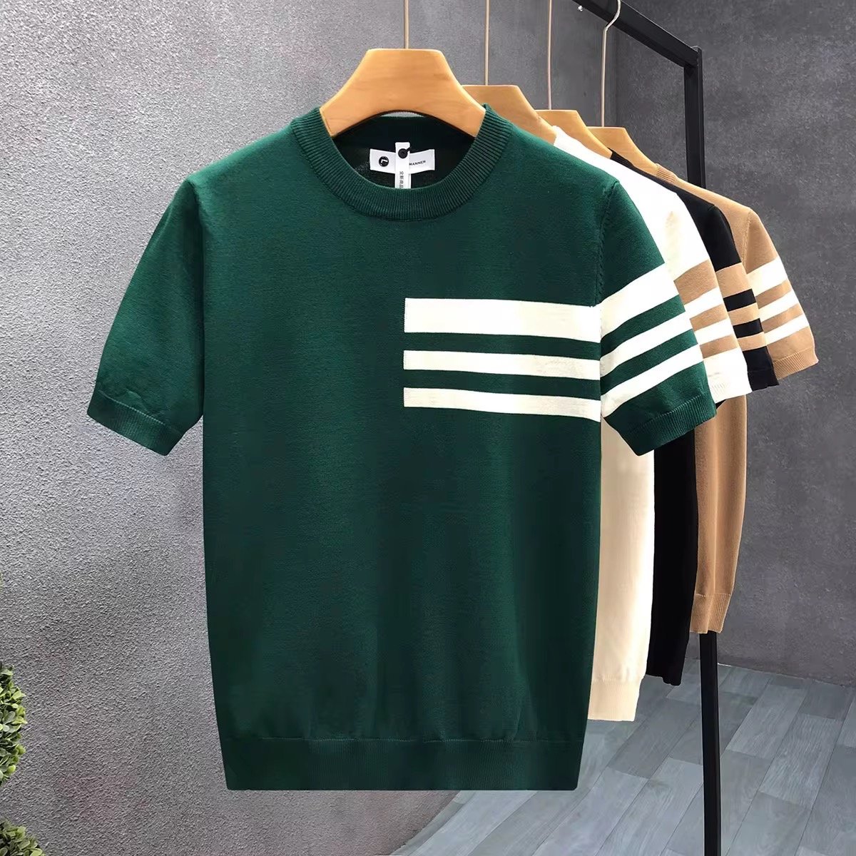 Summer New Striped Business Style Light Mature Slim Design Short-Sleeved Men's Ice Silk T-Shirt