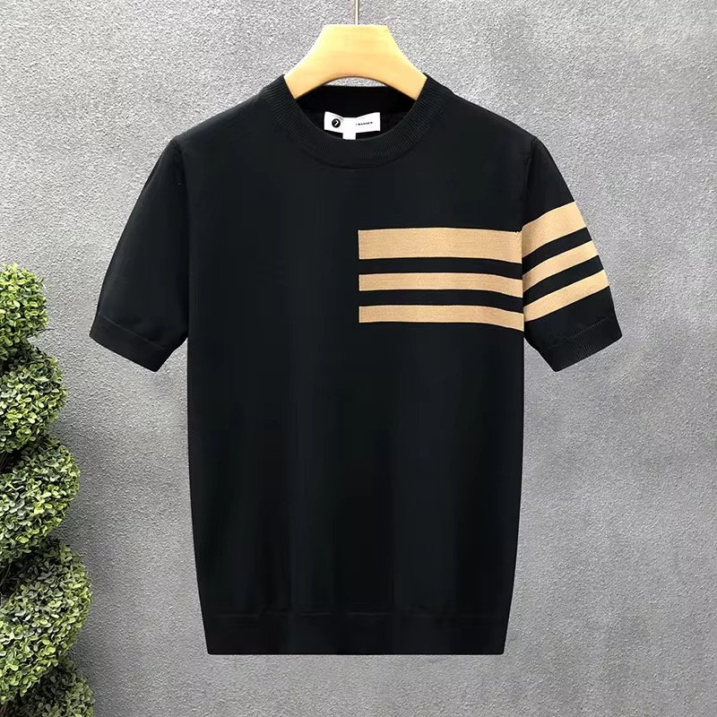 Summer New Striped Business Style Light Mature Slim Design Short-Sleeved Men's Ice Silk T-Shirt
