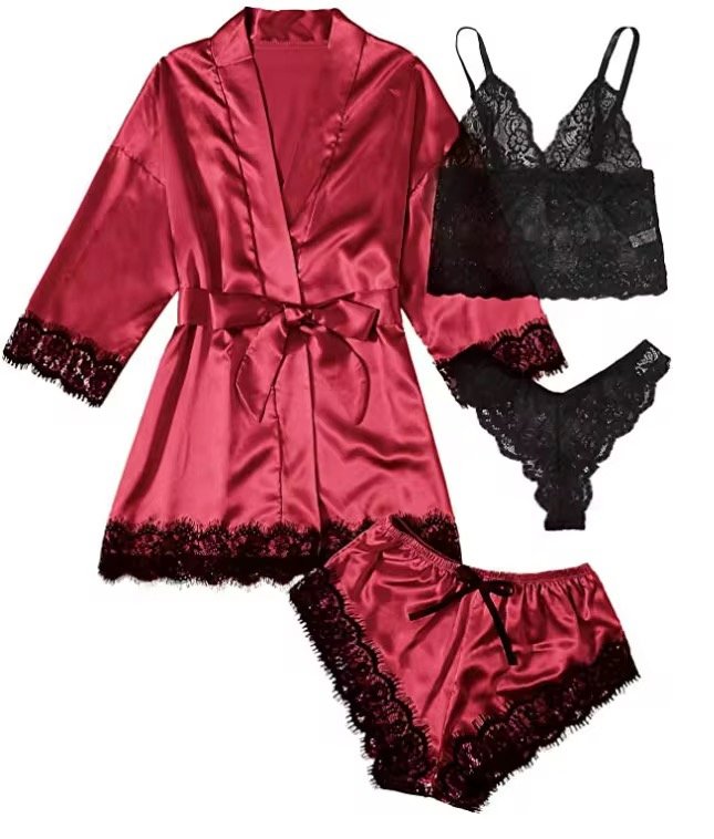 4 In 1 Designer Sexy Sleepwear Suit Short Nightwear Bathrobes Satin Pajama Sets For Women