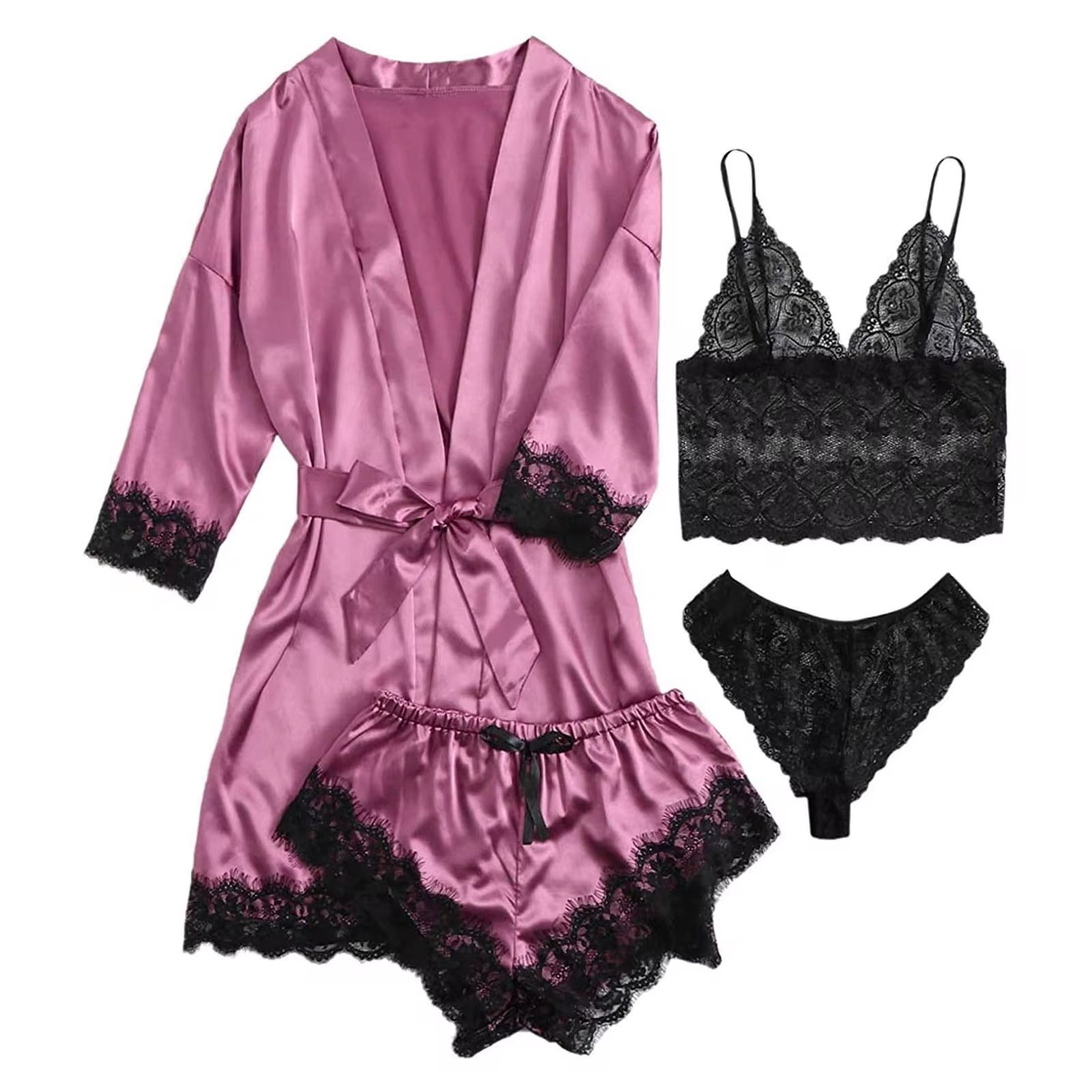 4 In 1 Designer Sexy Sleepwear Suit Short Nightwear Bathrobes Satin Pajama Sets For Women