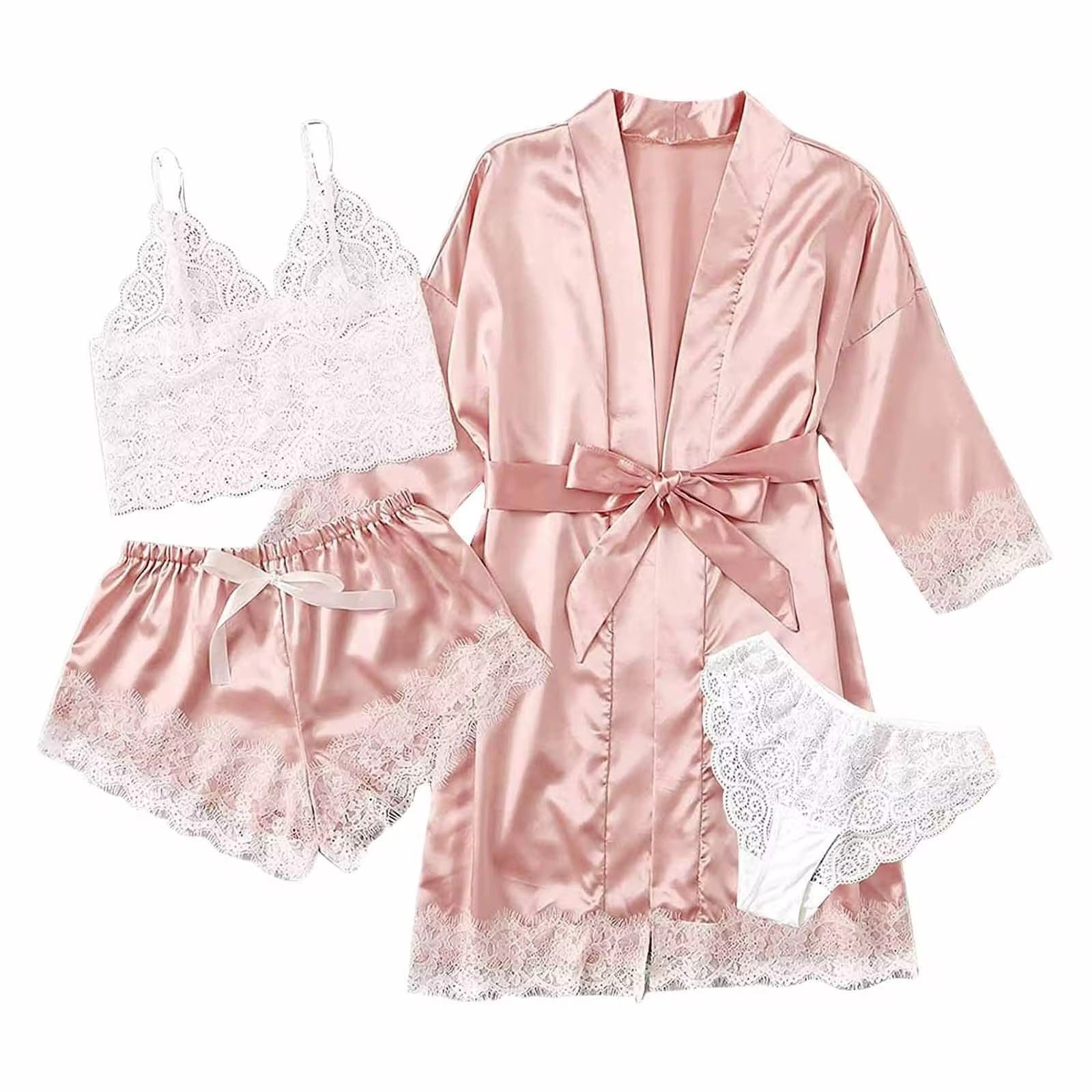 4 In 1 Designer Sexy Sleepwear Suit Short Nightwear Bathrobes Satin Pajama Sets For Women