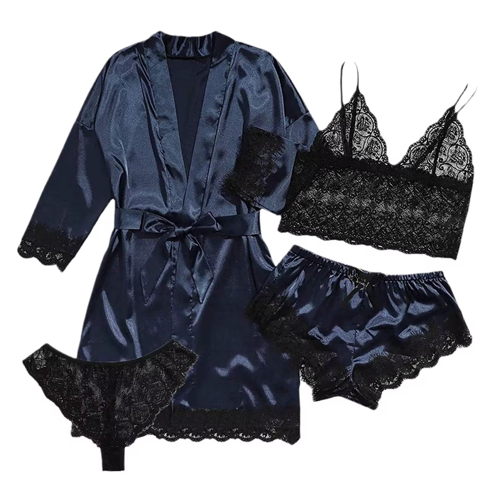 4 In 1 Designer Sexy Sleepwear Suit Short Nightwear Bathrobes Satin Pajama Sets For Women