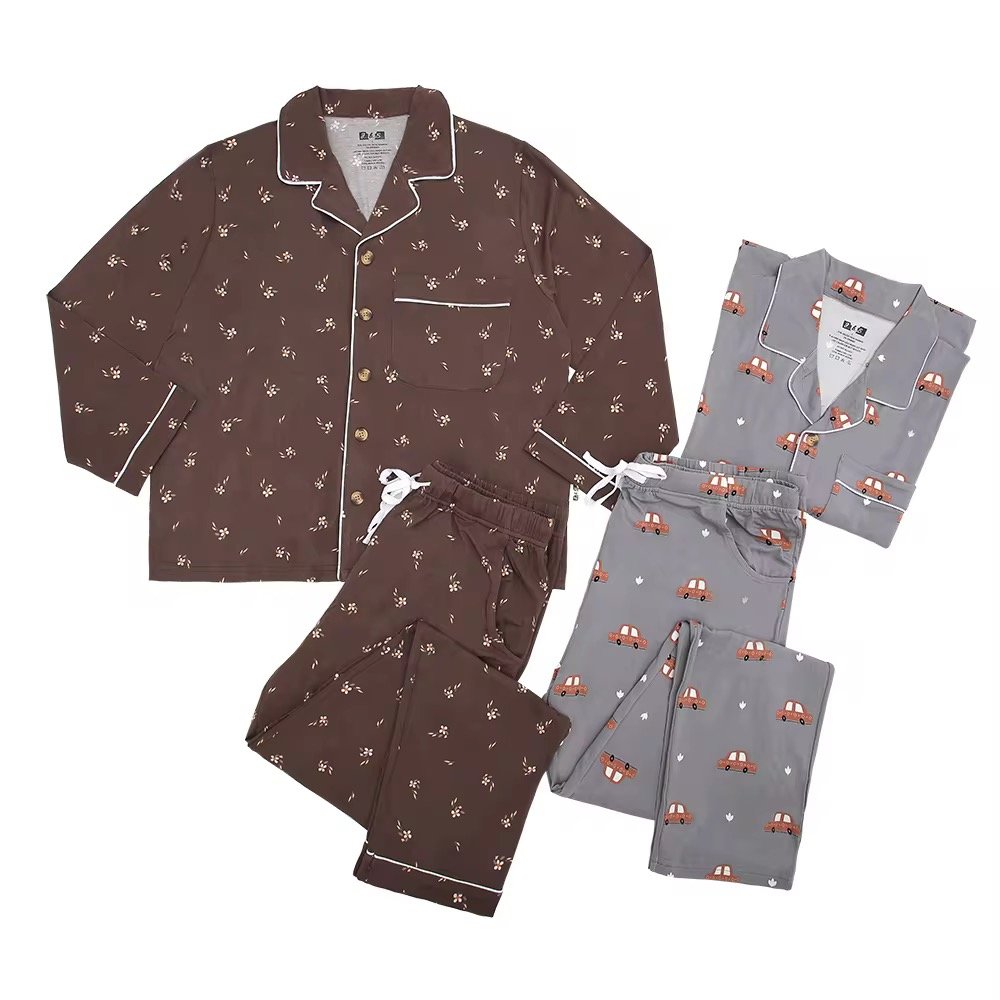 Wholesale Customized Unisex Pajamas Set Summer Long Sleeve Tops Shorts with Turn-down Collar Men Women Couples Sleepwear Clothes