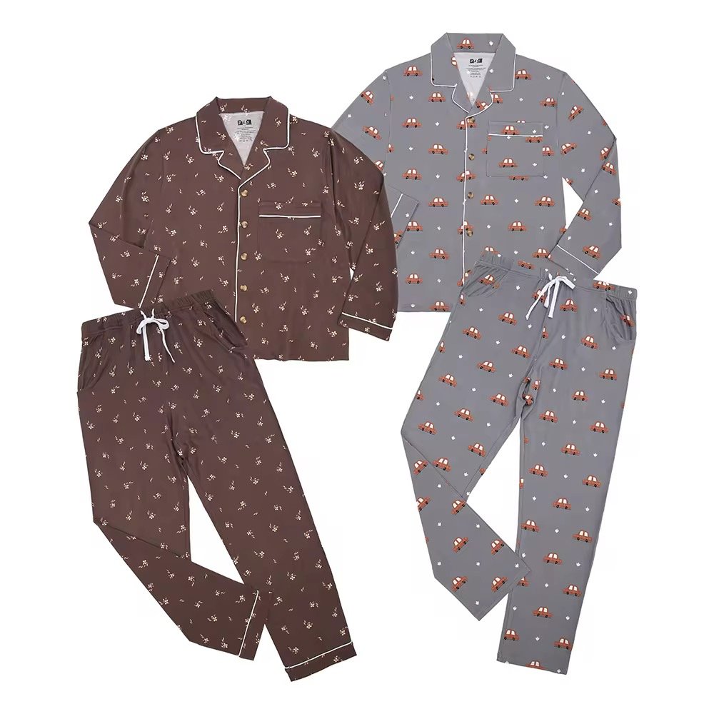 Wholesale Customized Unisex Pajamas Set Summer Long Sleeve Tops Shorts with Turn-down Collar Men Women Couples Sleepwear Clothes