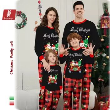 2025 New Design Parent-Child Long-Sleeve Family Christmas Pajamas Suits Xmas Cartoon Outfit With Elastic Waist Closure Wholesale