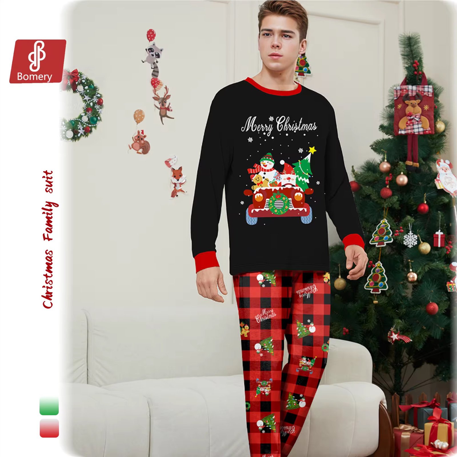 2025 New Design Parent-Child Long-Sleeve Family Christmas Pajamas Suits Xmas Cartoon Outfit With Elastic Waist Closure Wholesale