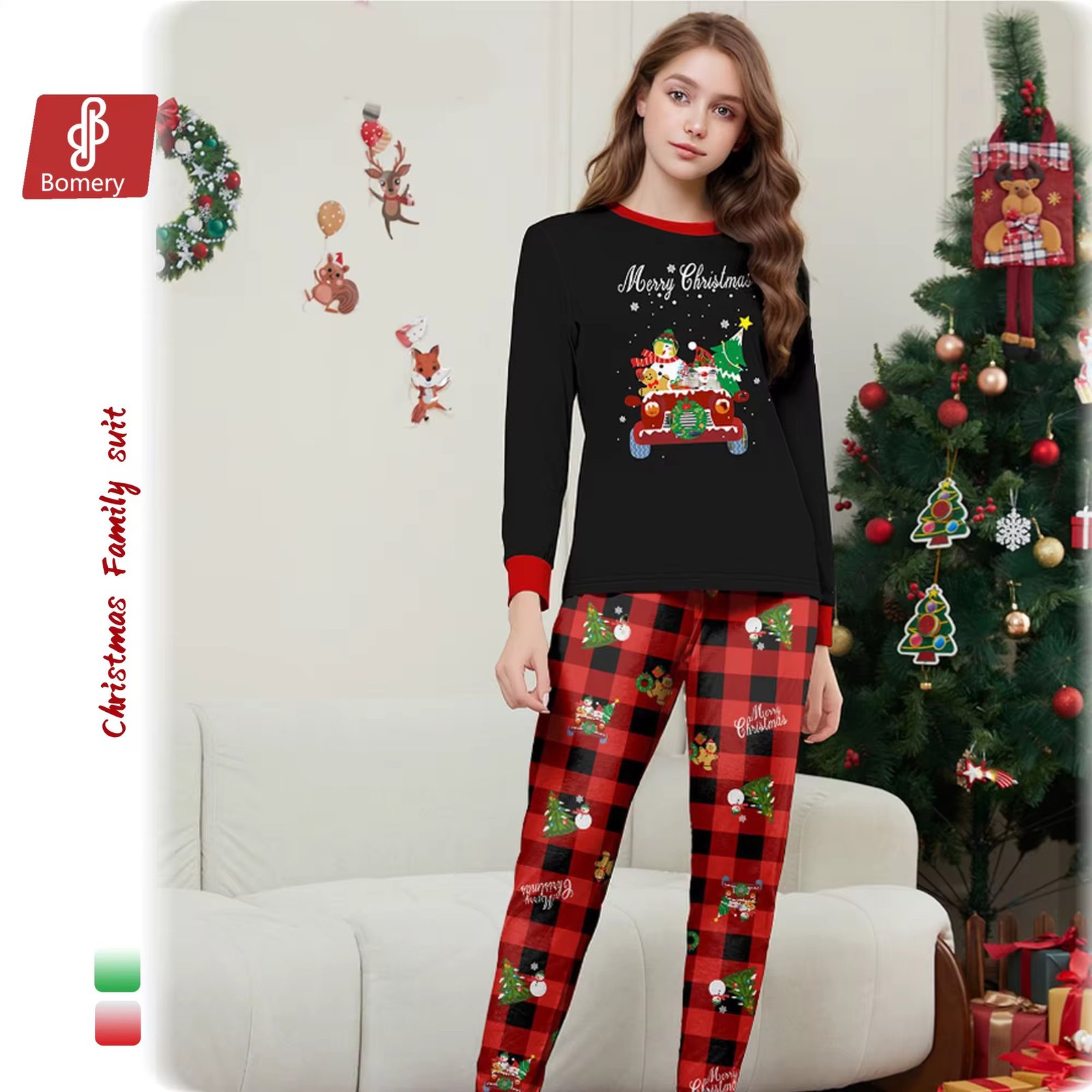2025 New Design Parent-Child Long-Sleeve Family Christmas Pajamas Suits Xmas Cartoon Outfit With Elastic Waist Closure Wholesale