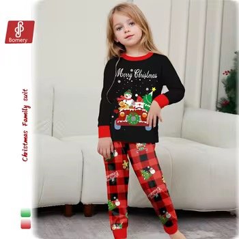 2025 New Design Parent-Child Long-Sleeve Family Christmas Pajamas Suits Xmas Cartoon Outfit With Elastic Waist Closure Wholesale
