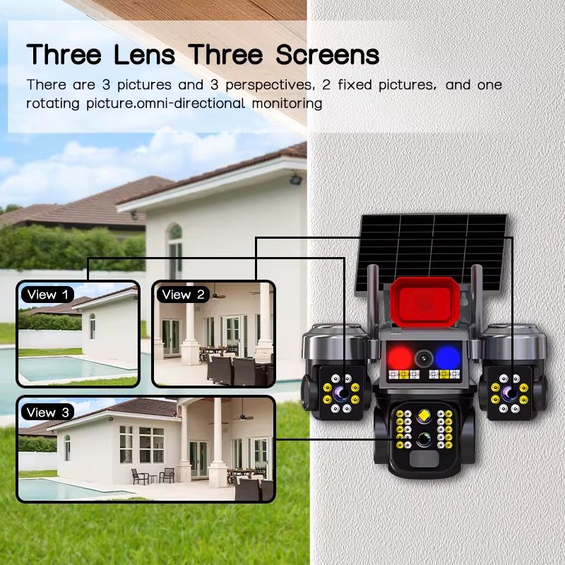 V380Pro Solar CCTV Security Camera with 4g/Wifi Sim Card Access Two-Way Audio Al Human Tracking & New Design 3-lens Built-in Mic