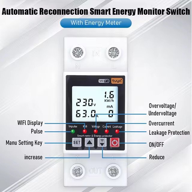 TUYA WiFi Smart 63A AC 220V Over Under Circuit Earth Leakage Voltage Protector Relay Device Breaker Switch Meter